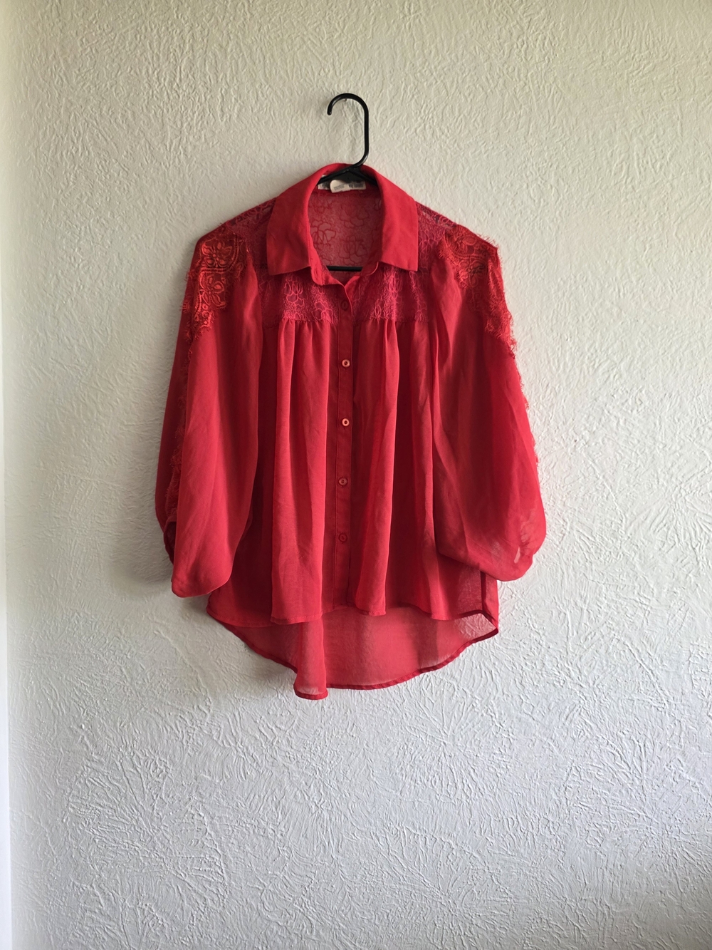 Oversized Flying Tomato Western Boho Red Lace-Yoke Button Down Blouse